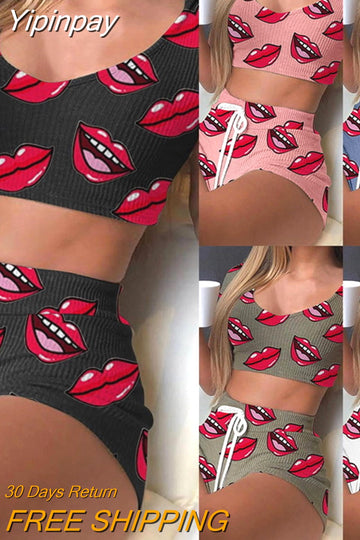 Yipinpay Lips Print Sportswear Women's 2023 Summer Crop Top And Drawstring Biker Shorts Matching Two Piece Sets